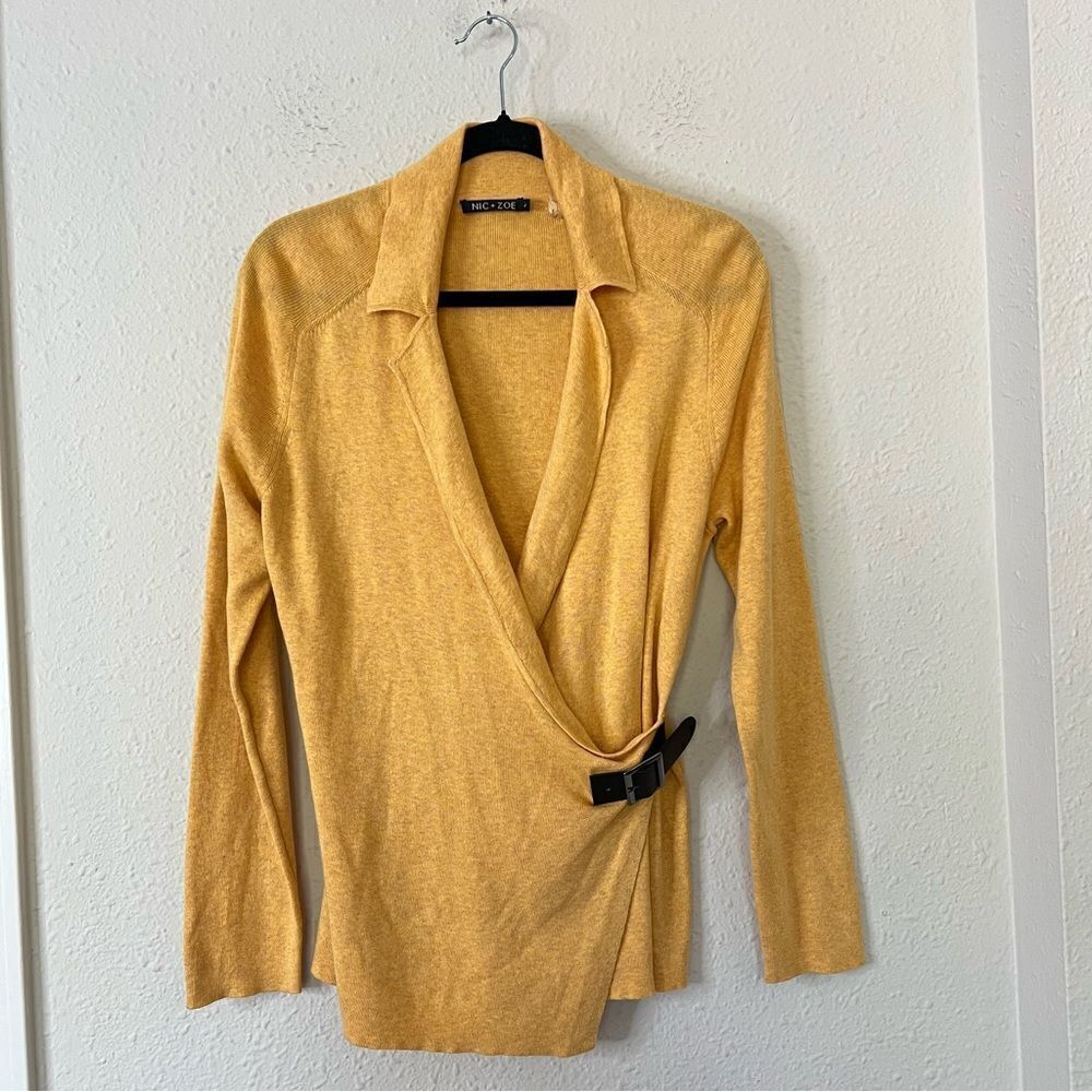 Nic+Zoe Cotton Blend Faux Wrap Sweater Size Large in Yellow - Picture 4 of 7
